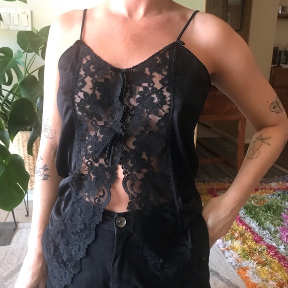 Vintage 70’s Black Lace Bow Tie Detail Lingerie Sleeveless Shirt Top Nighty - Picture 1 of 9